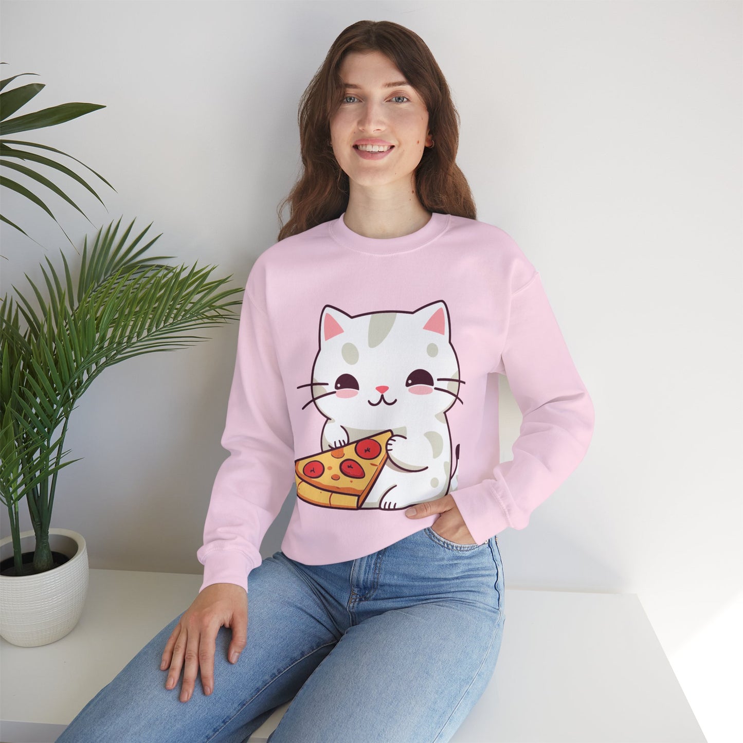 Crewneck Sweatshirt Cute “Cats Love Pizza” Design