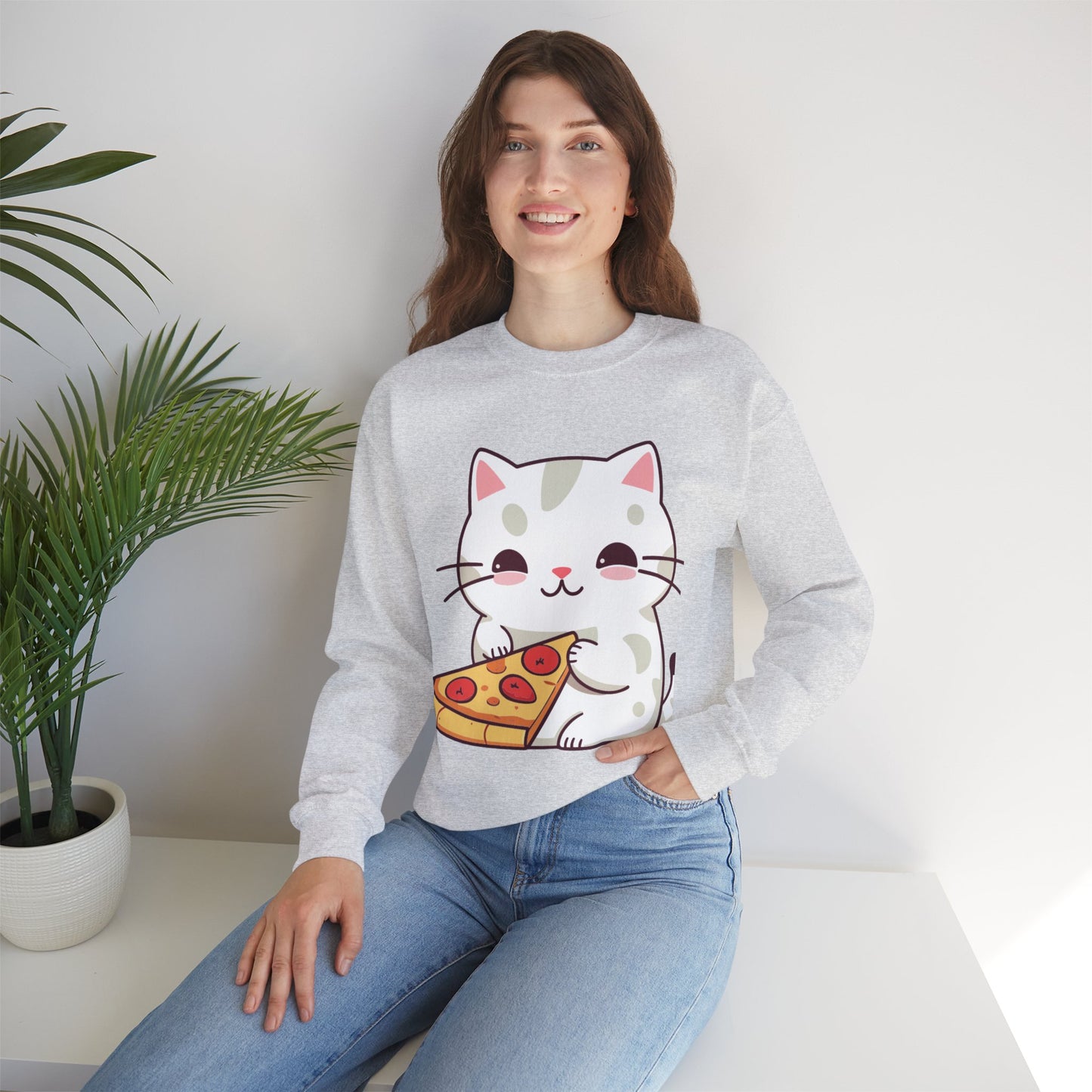 Crewneck Sweatshirt Cute “Cats Love Pizza” Design