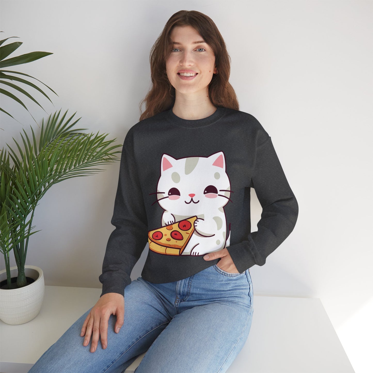 Crewneck Sweatshirt Cute “Cats Love Pizza” Design