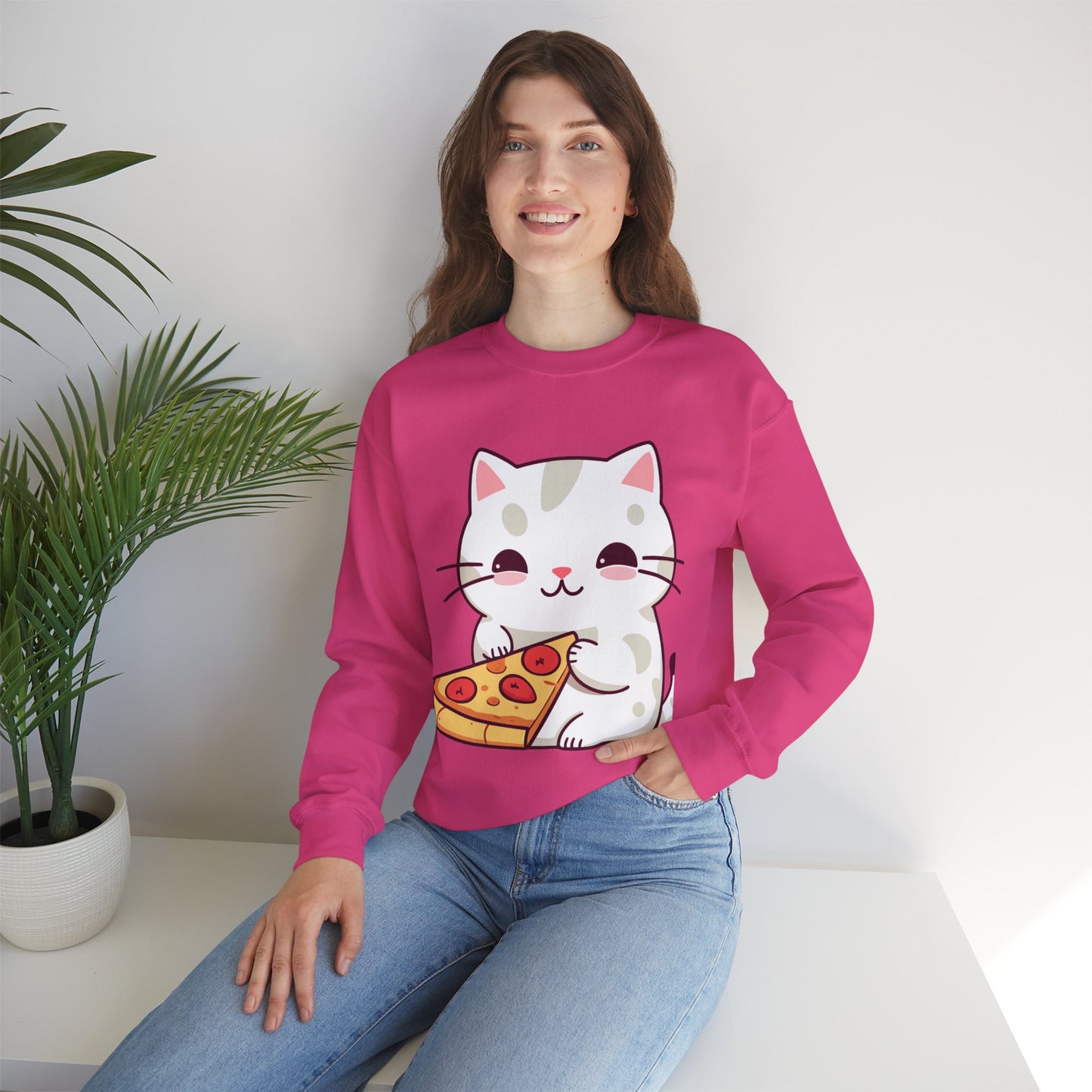 Crewneck Sweatshirt Cute “Cats Love Pizza” Design