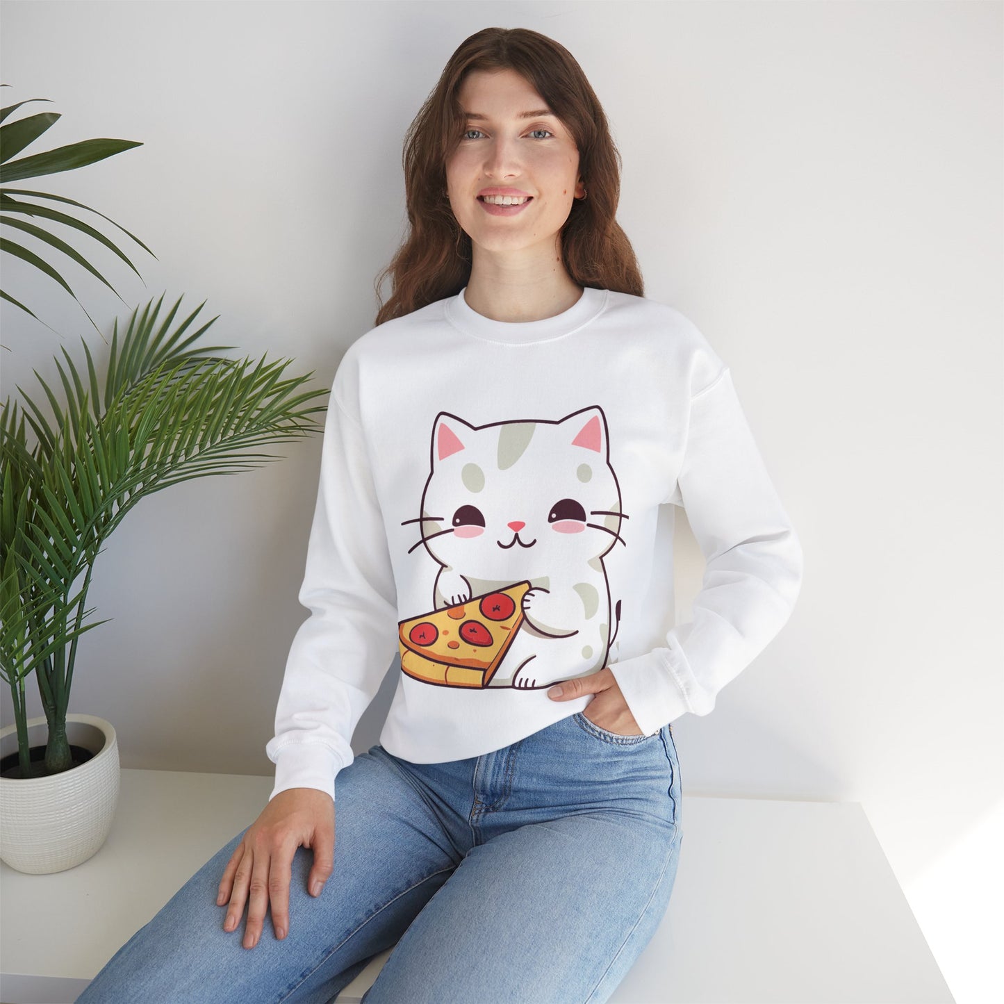 Crewneck Sweatshirt Cute “Cats Love Pizza” Design